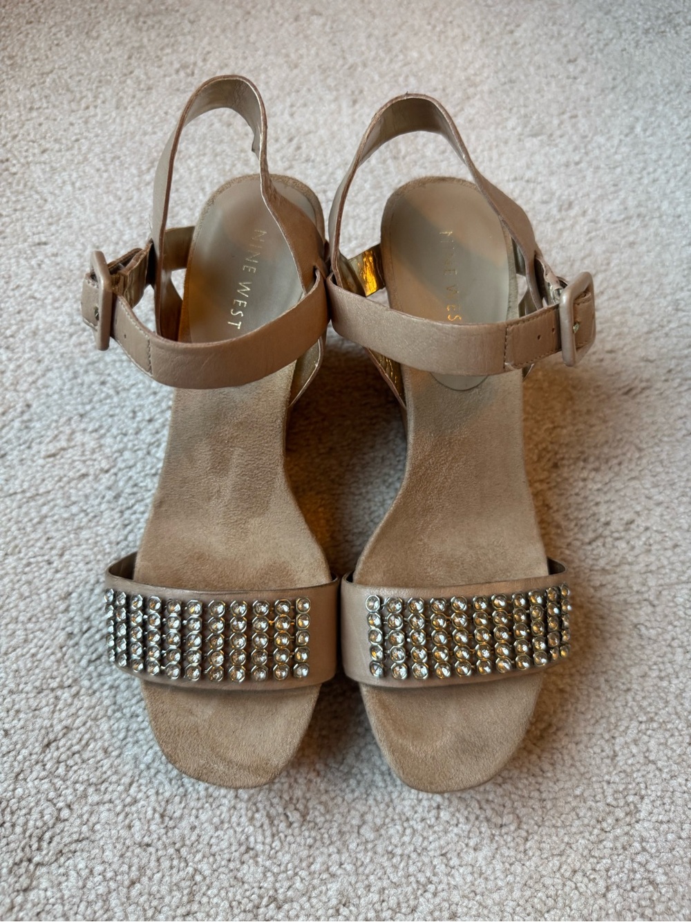 Nine West Taupe Suede Slingback Sandals with Crystal Studs